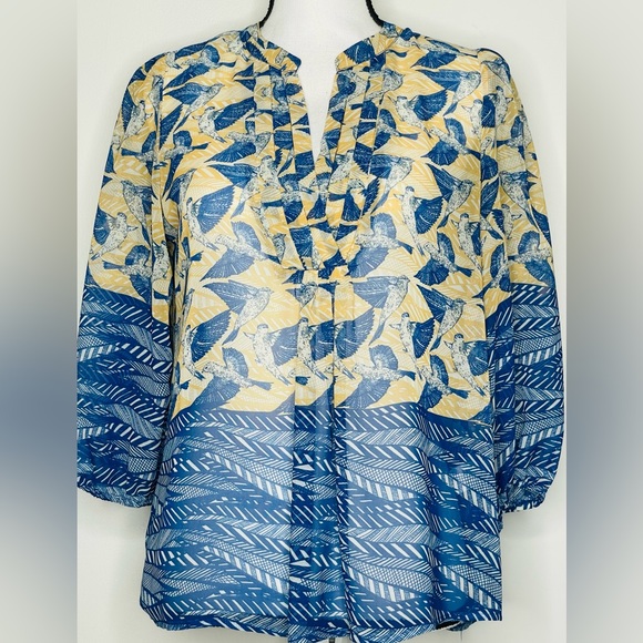 COLLECTIVE CONCEPTS Sz M Golden Yellow/Blue Birds Print 3/4 Sleeve Women Blouse - Picture 2 of 6